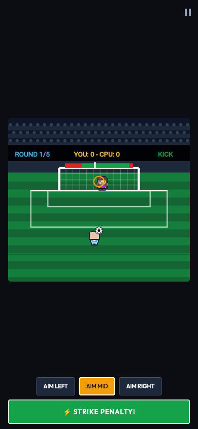 The updated football shootout pitch with aim and strike controls.