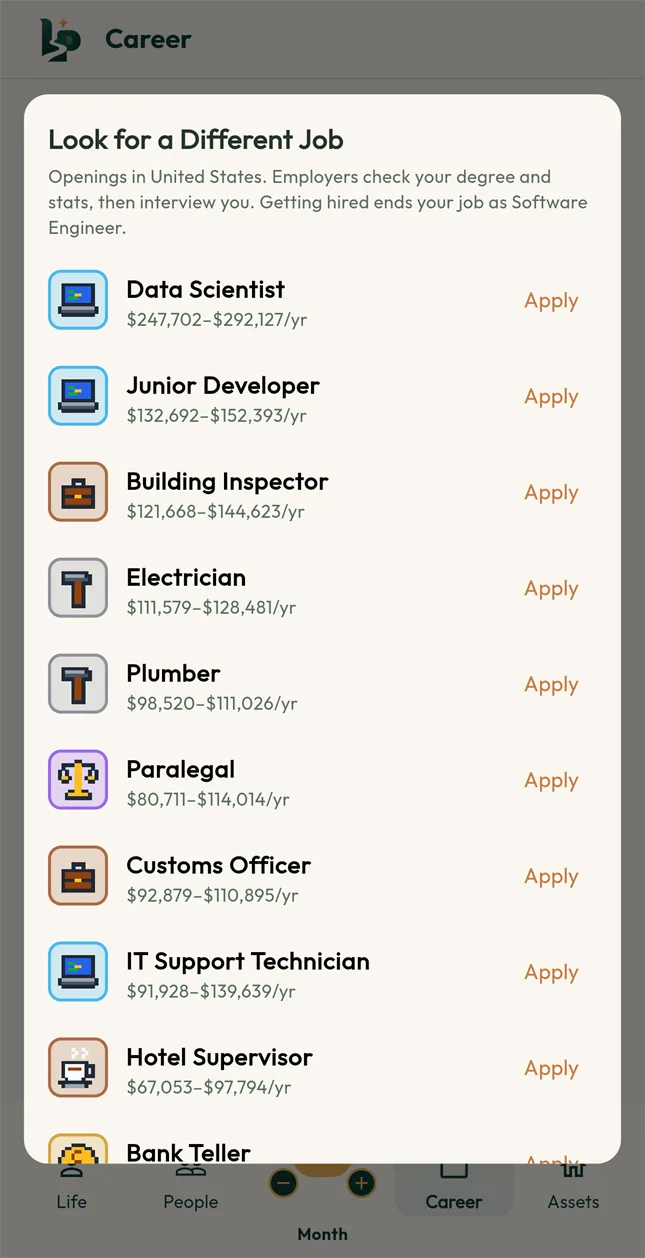Job openings in the United States with salary ranges and Apply buttons.