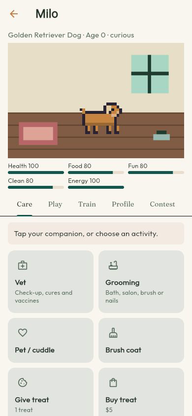 Milo's updated pet room with care tabs and health, food, fun, cleanliness and energy meters.