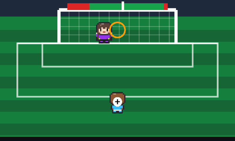 A pixel-art penalty kick facing a goalkeeper.