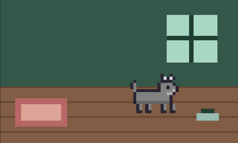 A pixel-art grey cat in its room.