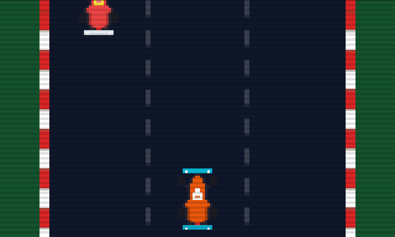 A top-down pixel-art race on a dark track.