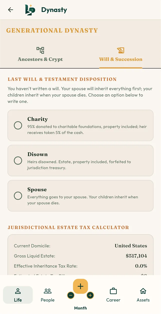 Will and Succession screen with options to leave the estate to charity, disown heirs or leave everything to a spouse.